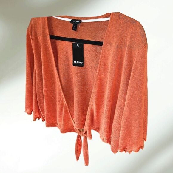 New TORRID Plus Size slub shrug 3/4 Sleeve apricot tie Front sweater Size 2X - Picture 4 of 16